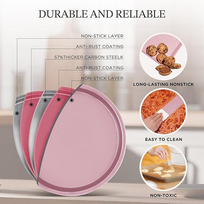 KITESSENSU Baking Pans Sets, Nonstick Bakeware Sets 7-Piece with Round/Square Cake Pan, Loaf Pan, Muffin Pan, Cookie Sheet, Roast Pan, Cooling Rack, Carbon Steel Bake Set Pink