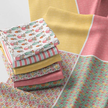 Patchwork Fabric Panel 100x155 cm, 100% Cotton Satin, 6 Coordinated Floral Patterns, Pastel Garden Quilting & Sewing Fabric (Blooming Days, 6pcs 50x50cm)