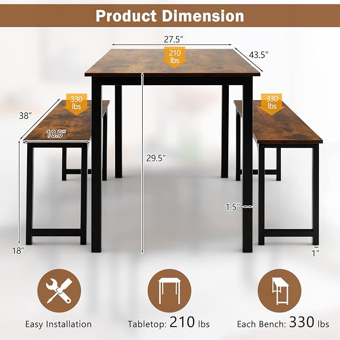 Giantex Dining Table Set for 4, Industrial Kitchen Table Set w/ 2 Benches, Space-Saving Dinette Set for Breakfast Nook, Dining Room, Kitchen, Easy Assembly (Mix Brown)