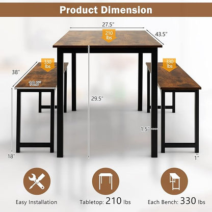 Giantex Dining Table Set for 4, Industrial Kitchen Table Set w/ 2 Benches, Space-Saving Dinette Set for Breakfast Nook, Dining Room, Kitchen, Easy Assembly (Mix Brown)