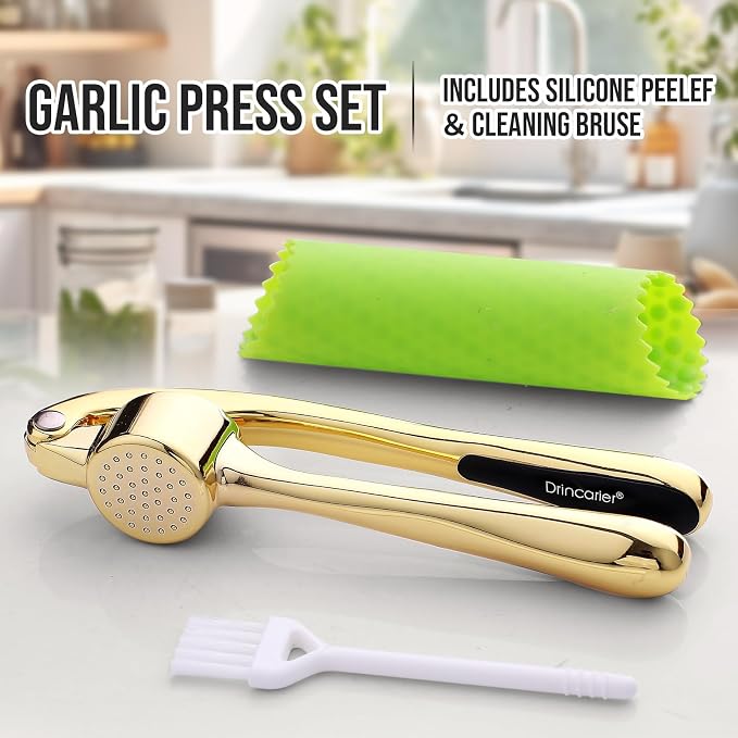 Premium Garlic Press, Professional Garlic Mincer, Easy to Squeeze and Clean, Rust Proof & Dishwasher Safe, Efficient Ginger Crusher- Gold…
