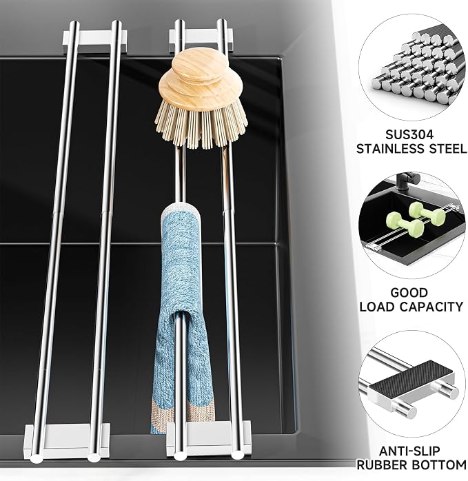 Dish Cloth Holder for Kitchen Sink, Adjustable Over-The-Sink Dish Rag Rack, Metal Kitchen Racks Sink Brush Holder, Drying Rack for Dishcloths, Sponges, Brushes, and Bottles (2, Sliver)