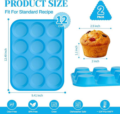 2Pack Silicone Muffin Pans with Metal Reinforced Frame,12 Cup Regular Size Silicone Cupcake Pan,Muffin Tin,Nonstick Cupcake Baking Molds for Muffins,Cupcakes,Egg Bites,BPA Free (2Pack Blue)