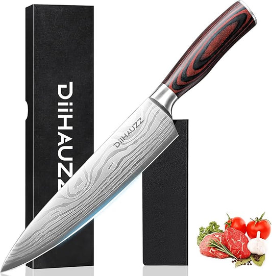 DiiHAUZZ 8 Inch Chef Knife, High Carbon Stainless Steel - Ultra Sharp Kitchen Gyutou Knife for Slicing Meat, Dicing Vegetables and Daily Meal Prep, Ergonomic Handle with Sheath, Fathers Day Gift
