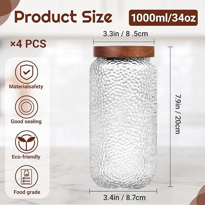 LemonRoad 4 Pack 33 oz Vintage Glass Jars with Lid Decorative Airtight Glass Food Containers Anti Slip Storage Canister for Kitchen Counter Pantry Coffee Nuts Sugar Candy Tea Cookie Spices Oats Cereal