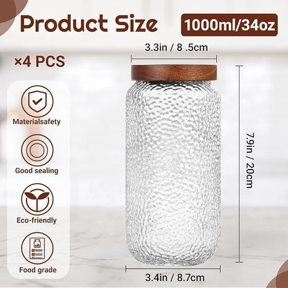 LemonRoad 4 Pack 33 oz Vintage Glass Jars with Lid Decorative Airtight Glass Food Containers Anti Slip Storage Canister for Kitchen Counter Pantry Coffee Nuts Sugar Candy Tea Cookie Spices Oats Cereal