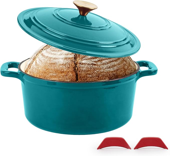 Enameled Cast Iron Dutch Oven with Lid&Silicone Grip, Round Casserole Pot for Bread Baking, Braising, Roasting,Stews,Heavy-Duty Baking Pan,Oven Safe, Induction Compatible (4.7QT,Lagoon)