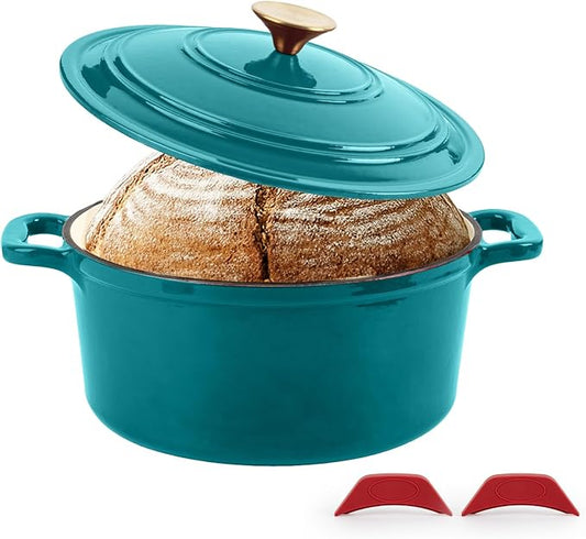 Enameled Cast Iron Dutch Oven with Lid&Silicone Grip, Round Casserole Pot for Bread Baking, Braising, Roasting,Stews,Heavy-Duty Baking Pan,Oven Safe, Induction Compatible (4.7QT,Lagoon)