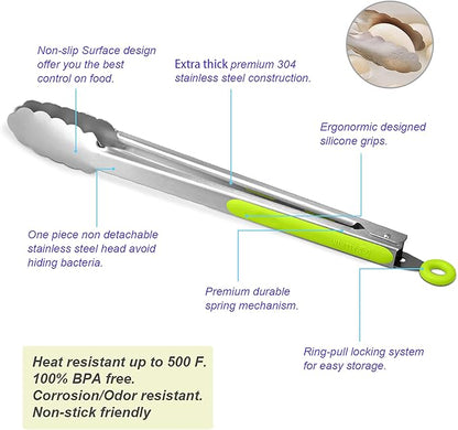 Premium 304 Stainless Steel Tongs Set – 12" Grill Tongs & 9" Cooking Tongs, Heat Resistant up to 600°F, Wavy Grip Head, Non‑Slip Handle with Locking Clip & Hanging Loop, Dishwasher Safe, Green