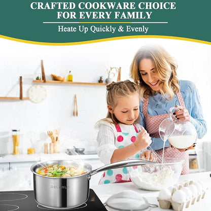 DELARLO Tri-Ply Stainless Steel 2.5 QT Saucepan with Lid, Heavy Duty Induction Pot, Fast Even Heat, Fuel Saving, Induction Cookware, Kitchen and Dining Steel Saucepan