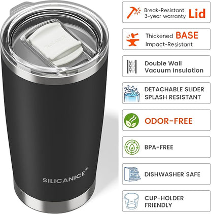 20oz Hygienic Stainless Steel Vacuum Insulated Tumbler w/ Easy-On/Easy-Off Lid - Removable slider, Double Wall 18/8 Travel Mug, BPA-Free, Fits Cup Holders, Premium Quality, Smart Value - Black