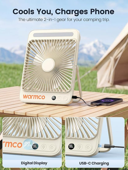 Warmco 20000mAh Battery Powered Fan, 8-Inch Ultra-Slim Portable Camping Fan with LED Lantern, Up to 48H Runtime Rechargeable Desk Fan for Bedroom, Outdoor, Tent, Travel, Cruise Ship Essentials