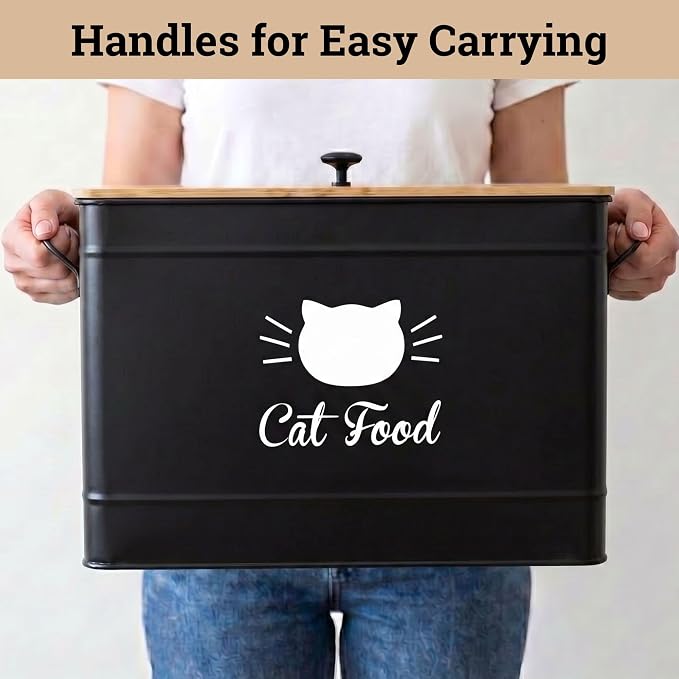 Cat Food Storage Container with Scoop - 15 lb (50 Cup) Capacity Metal Cat Food Container with Airtight Bamboo Lid & Metal Scoop - Airtight Pet Food Storage Containers - 15 lb Treats & Kibble Container