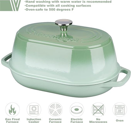 VORRINGARD Enameled Cast Iron Dutch Oven Pot with Dome Lid, Oval Bread Oven for Homemade Sourdough Bread Baking, Oven Safe up to 500°F, 6 Quart, Green