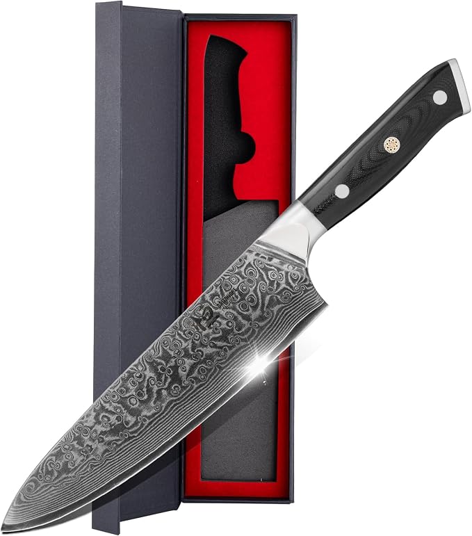 Chef Knife 8 Inch Japanese Steel Damascus Kitchen Knife, VG-10 Damascus Super Steel Kitchen Knife,Ultra Sharp Professional Cooking Knife with Ergonomic G10 Handle,Including Luxury Gift Box