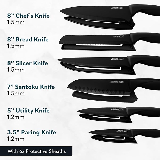 Home Hero High Carbon Stainless Steel Knife Set - Chef Knife Set Precision Slicing & Versatility - Nonstick Ceramic Coated Blades & Easy Cleaning - Ergonomic Handles & Secure Grip - 12-Piece, Black
