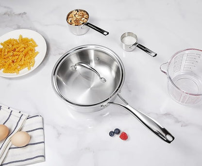 KEAWELL K3 Premium 2-Quart Tri-Ply Fully Clad Stainless Steel Saucepan with Lid, Induction & Oven Safe up to 600°F, Even Heating, Professional Cookware for All Stovetops (2-Qt)