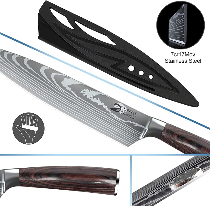 Dfito Chef Knife Sets with Roll Bag, 9 Pieces Professional Knife Set, High Carbon Stainless Steel Kitchen Chef Knife Set, Red Pakkawood Handle, Dishwasher Safe