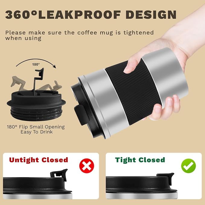 SPLMIFA Vacuum-Insulated Stainless Steel Travel Coffee Mug, Leak-Proof Reusable Coffee Cup with Lid-Keep Hot & Cold Drinks for Hours, Durable Insulated Tumbler for Men & Women(3rd-Silver black, 12OZ)