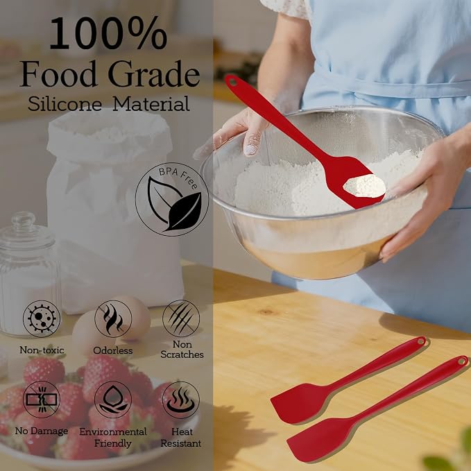 Silicone Spatula Set, Food Grade Rubber Spatula, 4 Pcs Heat Resistant Silicone Spatulas, One Piece Design Non-Stick Kitchen Utensils for Cooking, Stirring, Baking & Mixing, Dishwasher Safe (Red)
