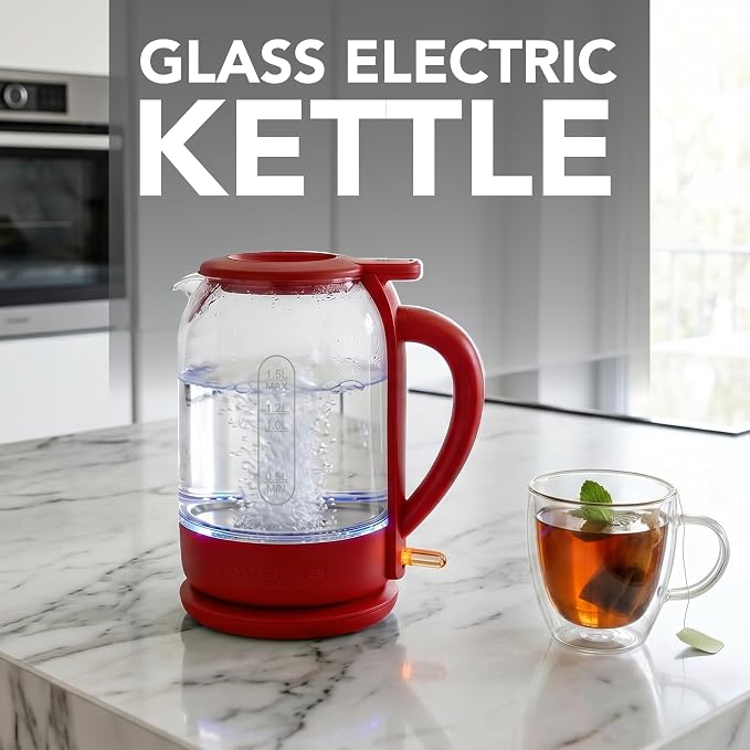 OVENTE Electric Kettle with 1.5L Borosilicate Glass, 1500W Fast Boiling Water Heater for Coffee or Tea, Easy to Fill Lid, Auto Shut-Off, Boil-Dry Protection & Stainless Steel Filter, Red KG516R