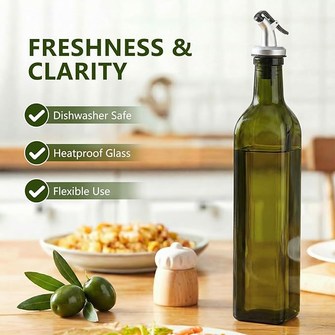WERTIOO Green Olive Oil Dispenser Bottle,17oz Glass Oil and Vinegar Dispenser for Kitchen, 500ml Glass Bottles for Vinegar Oliveoil with Label and Funnel