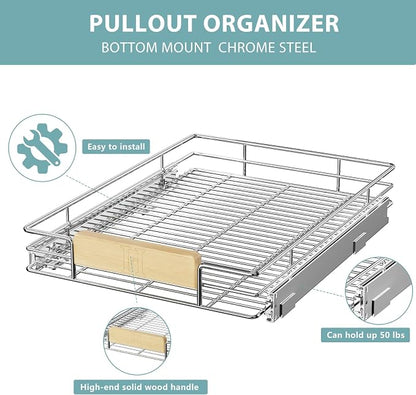 LOVMOR Pull Out Cabinet Organizer with Wooden Handle, 16½" W x 21½"Heavy Duty Cabinet Drawers Shelves Slide Out Organizer for Kitchen, Pantry