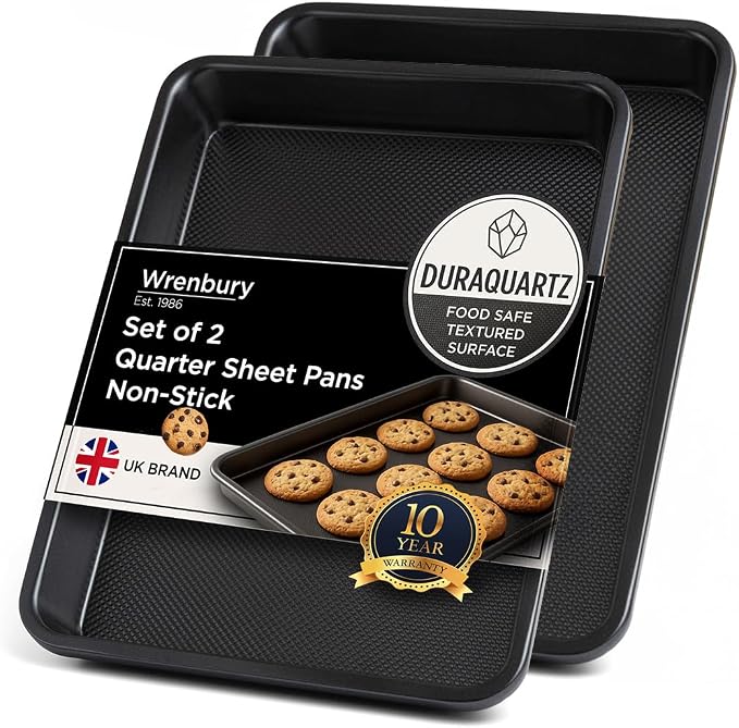 Wrenbury Quarter Sheet Pan Set of 2 - Carbon Steel Non-Stick ¼ Cake Baking Tray - Non Toxic Cookie Pan for Traybake - 13” x 9”