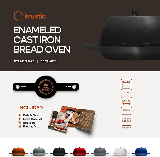 Enameled Cast Iron Dutch Oven for Sourdough Bread Baking | 6 Quart Round Pot with Lid | 10 Inch Ceramic Enamel Thick Coated Cookware Set with Non Stick Silicone Baking Mat for Cooking | 6 Qt |Black