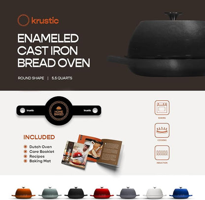 Enameled Cast Iron Dutch Oven for Sourdough Bread Baking | 6 Quart Round Pot with Lid | 10 Inch Ceramic Enamel Thick Coated Cookware Set with Non Stick Silicone Baking Mat for Cooking | 6 Qt |Black