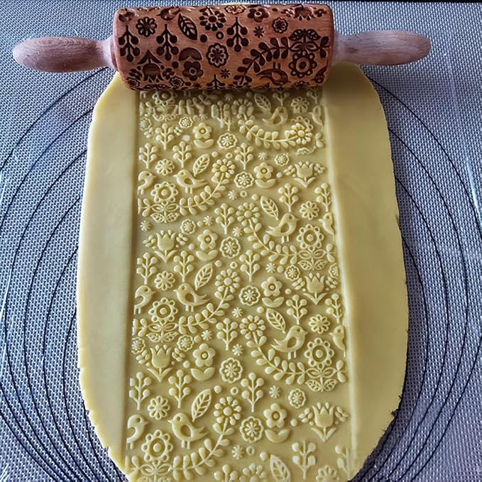 Embossed Rolling Pin for Baking, Wooden Decorative Embossing Cookie Roller for Kitchen(Type A01)