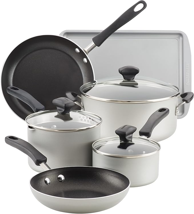Farberware Cookstart Aluminum DiamondMax Nonstick Cookware Set, Kitchen Essentials, 5 Quarts, Silver