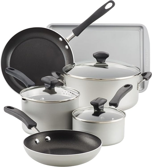 Farberware Cookstart Aluminum DiamondMax Nonstick Cookware Set, Kitchen Essentials, 5 Quarts, Silver