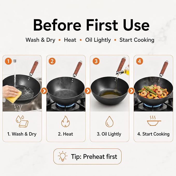 WANGYUANJI 10.24-Inch Carbon Steel Wok with Lid, Flat Bottom Small Wok Pan for 1–3 Servings, Uncoated Stir Fry Pan, Glass Lid, Induction/Gas/Electric Compatible, Wood Handle, Black