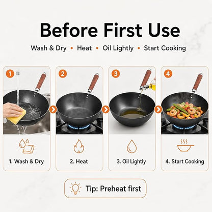 WANGYUANJI 10.24-Inch Carbon Steel Wok with Lid, Flat Bottom Small Wok Pan for 1–3 Servings, Uncoated Stir Fry Pan, Glass Lid, Induction/Gas/Electric Compatible, Wood Handle, Black