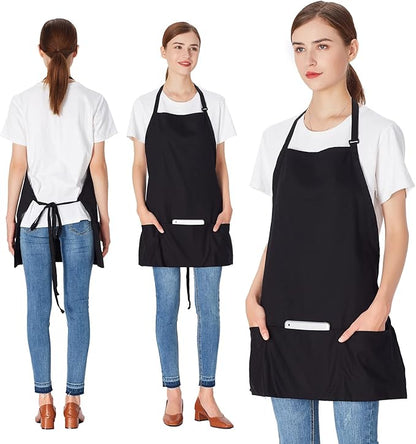 Jubatus 2 Pack 3 Pockets 100% Cotton Adjustable Bib Apron Chef Kitchen Cooking Aprons for Women Men, Black