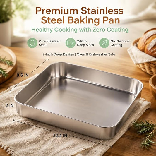 E-far Baking Pans Set of 2, 12.4” x 9.6” x 2” Stainless Steel Rectangular Cake Pans, Baking Sheet Pan for Lasagna Brownies Casseroles, Non-toxic & Healthy, Dishwasher Safe