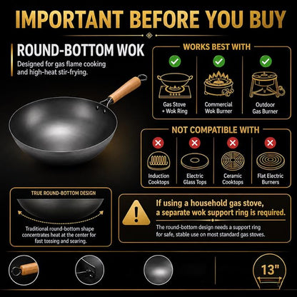 Calmabode 13” Large Round Bottom Carbon Steel Wok with Glass Lid | Large traditional Chinese round-bottom wok for gas stoves, nitrided carbon steel, glass lid, ideal for family stir-fry
