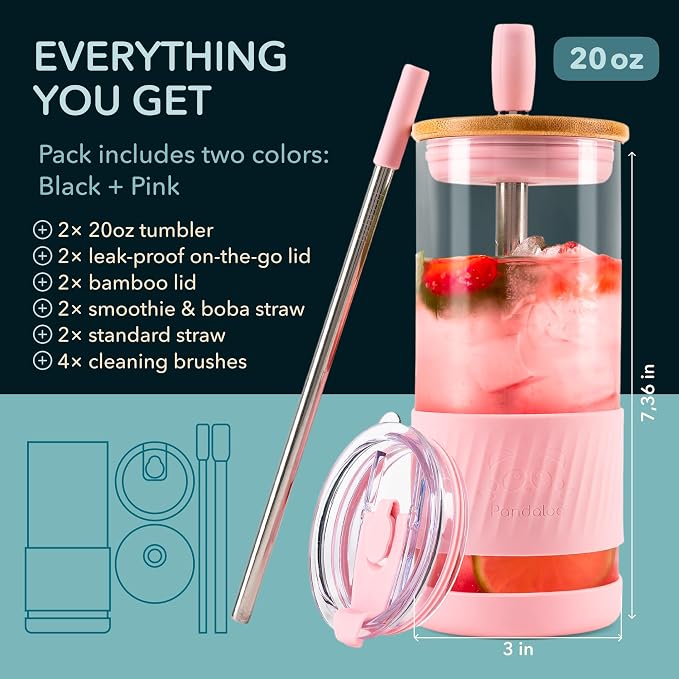 Pandaloo® Glass Cups With Lids and Straws -20 Fl Oz- Perfect Size Iced Coffee Cup - Smoothie Cup With Bamboo Lid and On the go Lid - Glass Tumbler (2 Count (Pack of 1), Black Saphir-Tender Pink)