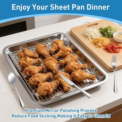 4 PCS Stainless Steel Baking Sheet Set,16 X 12 In Baking Pan (2 Sheets + 2 Racks) with Stainless Steel Fork,Spoon and Knife,Rust Baking Tray Pan for Kitchen Oven,Easy Clean&Durable