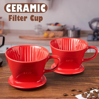 Pour Over Coffee Dripper, Ceramic Pour Over Coffee Maker with 3 Holes Flat Bottom, Easy Manual Brew Maker, Porcelain Slow Filter Cone for Travel, Camping, Office, Home,Red