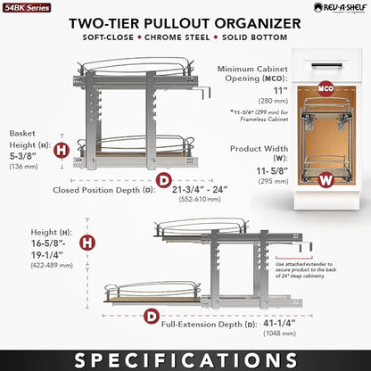 Rev-A-Shelf 2 Tier Pull Out Kitchen Cabinet Storage Organizer with Solid Bottom & Undermount Soft-Close Full Extension Slides, 54BK-12SC-2-1