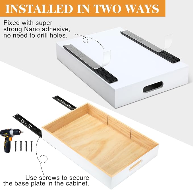 CroBlissful 2 PCS Wood Pull Out Cabinet Organizers with Removable Dividers, 14''W x 21''D Nail-free Wood Sliding Drawers with Adhesive Tape, Roll Out Shelves for Kitchen, Pantry, Office (White)