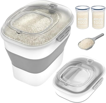 HOYTAMDAR 20-50Lbs Rice Container,Collapsible Food Storage Containers with Airtight Clear Lid,Wheels,Rice Storage Container with Small Bin and Scoop,Rice Dispenser for Dog Cat (Grey2/20-50lbs)