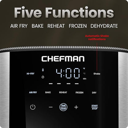 Chefman Air Fryer 6 Qt | TurboFry® 5-in-1 with 450°F Hi-Fry Option for Crispier Results | Bake, Dehydrate, Frozen | XL Nonstick Dishwasher-Safe Basket | Stainless Steel