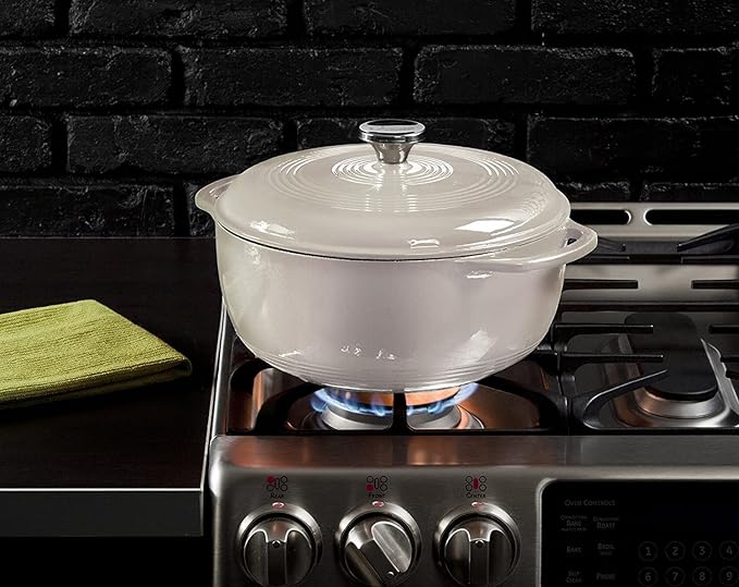 Lodge Essential Enamel Cast Iron Dutch Oven with Lid 7.5 Quart - Induction- Oven-Safe Enamel Cookware up to 500° F - Heat-Retaining Braising & Roasting Pot - Non-Toxic Cookware - Oyster White