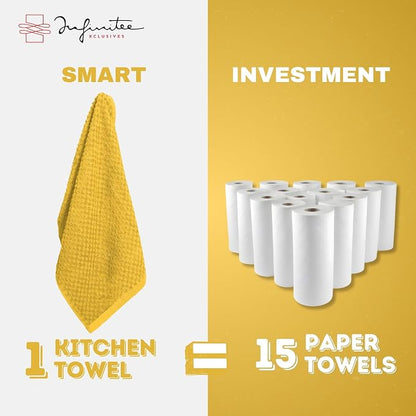 Infinitee Xclusives Premium Kitchen Towels – Pack of 3, 100% Cotton |15 x 25| Inches Absorbent Dish Towels - Terry Kitchen Dishcloth Towels - Yellow Dish Cloth for Household Cleaning
