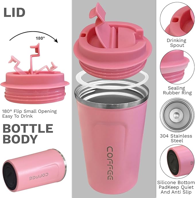 YINBAOGE Insulated Travel Coffee Mug, Spill & Leak Proof, Portable To Go Camping Stainless Steel Coffee Tumbler, Reusable Thermal Coffee Cup with Lid for Hot & Cold Drinks (2nd-Pink, 12 OZ)