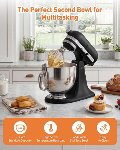 5 QT Food Grade Stainless Steel Mixing Bowl Compatible with KitchenAid Tilt-Head Stand Mixer 4.5-5 Quart, Replacement Kitchen Aid Bowl with Handle & Clasp, Dishwasher Safe