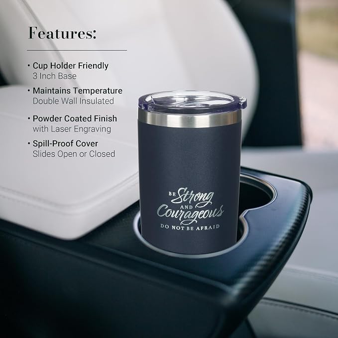 Christian Art Gifts Large Stainless Steel Scripture Tumbler Travel Mug for Men & Women: Strong & Courageous Inspirational Bible Verse, Double-wall Vacuum Insulated & Lid, Hot/Cold, Navy Blue, 18 oz.